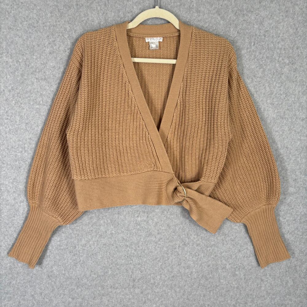 Venus Sweater Womens Small Tan Cardigan Wrap Crop Camel Puff Balloon Sleeve Sexy